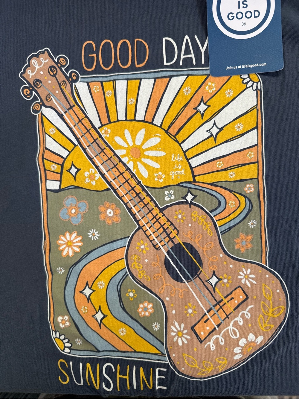 Life is Good Men’s Small Long Sleeve Guitar Sunshine Boho Graphic Tee NWT